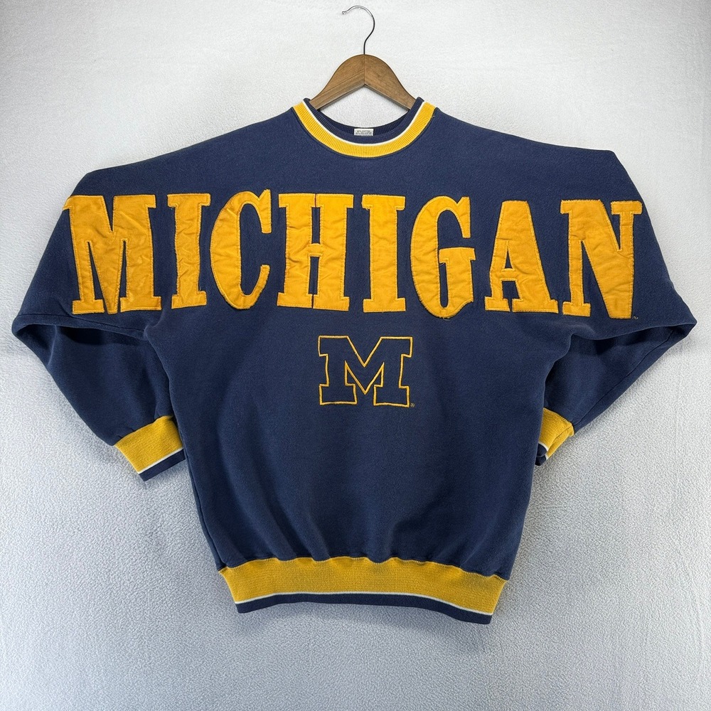 Vintage Michigan Wolverines Sweatshirt Mens large Blue Big Spellout All Over 90s